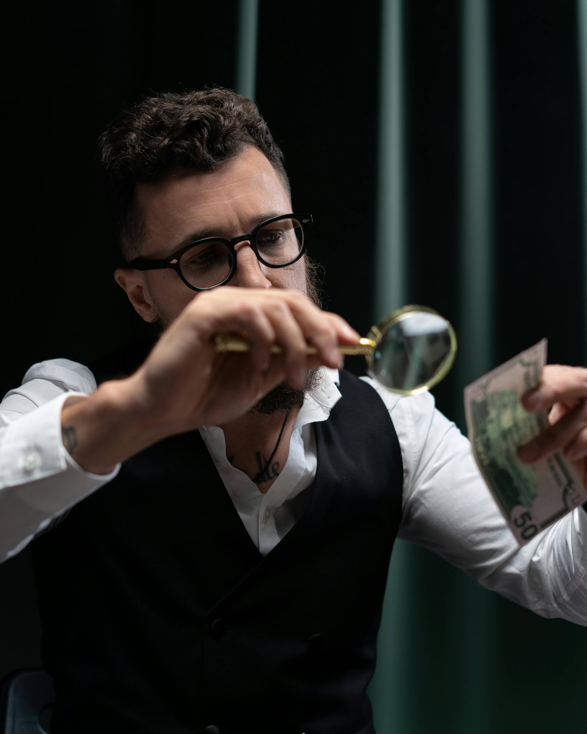 Man intensely scrutinizes a banknote using a magnifying glass under indoor lighting.